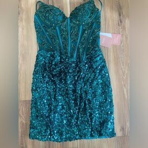 Embroidered Teal Sequin Formal Dress